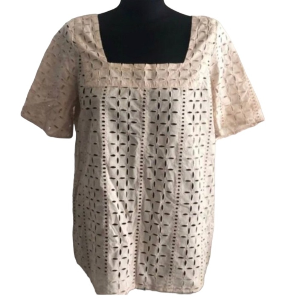 Loft Ann Taylor Beige Lace Eyelet Cotton Top Sz 10